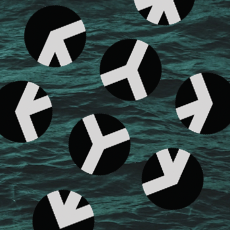 Main image: oceanic @loganramsay2024 | name: The tesseract of oceanic thinking | caption: Eight black spheres hover above a green ocean, white lines on the spheres form a three dimensional cube.