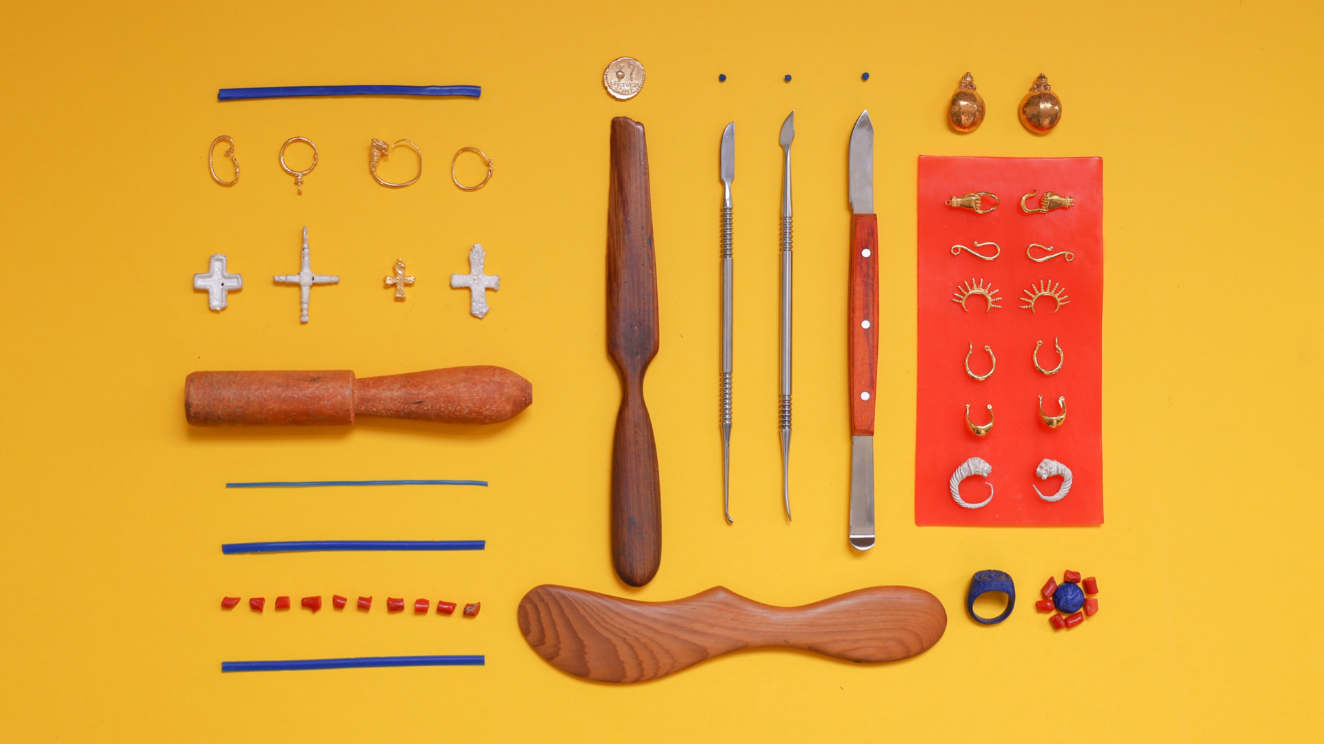 Tools used in millenia old jewellery making processes, and their outcomes - selection on display at the USTA exhibition.